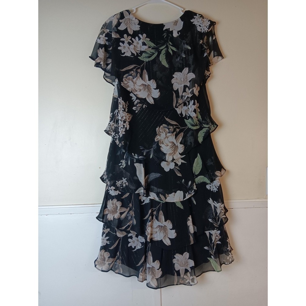 SLNY Dress Womens 8 Black Floral Chiffon Tiered Ruffle A-Line Party Wedding - Picture 4 of 9